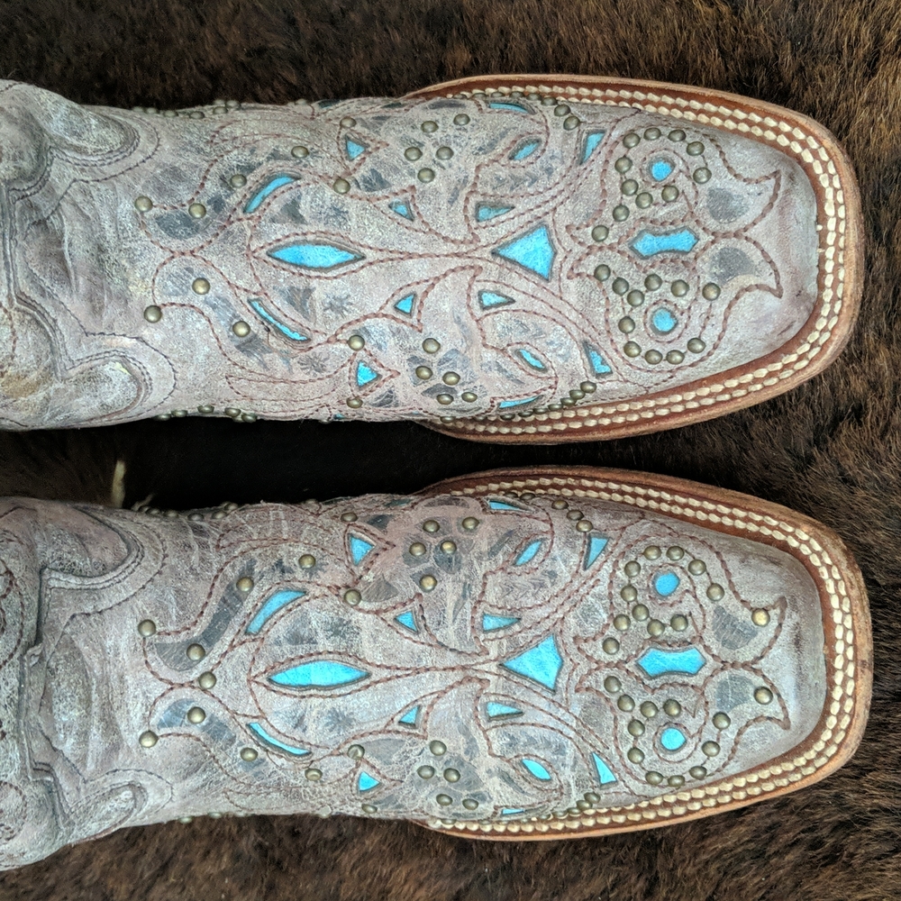 CORRAL A1149 brown studded leather cowgirl western boots turquoise inlay sz 7 - Picture 11 of 16